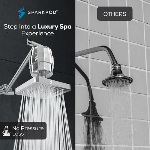Image of SparkPod 6 inch High Pressure Rain Shower Head with 23 Stage Filter Capsule & 11 Inch Adjustable Shower Arm Extension -Shower Filter Reduces Chlorine for Smoother Hair & Skin (Square, Polished Chrome) | Showerhead for Hard Water, High Pressure Shower Head, Adjustable Showerhead, Universal Connection, Gain Space & Style