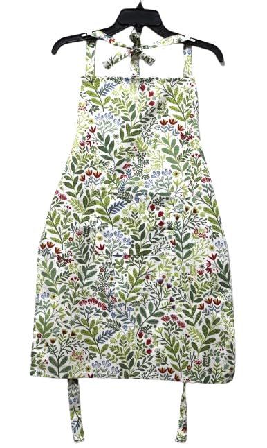 JYOTEX Floral Print Kitchen Apron with Pockets, Green Botanical Pattern, Adjustable Neck Ties (D)-image-31