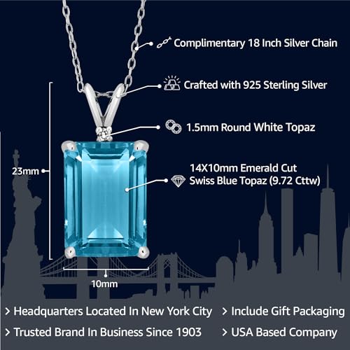 Gem Stone King 9.72 Cttw Swiss Blue Topaz and White Topaz Pendant Necklace For Women | 925 Sterling Silver | Gemstone November Birthstone | Emerald Cut 14X10MM | With 18 Inch Silver Chain2