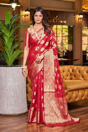 Image of SWORNOF Women's kanjivaram banarasi silk saree Zari Woven for festival Wedding silk with rich pallu Design sarees for women with Unstitched blouse piece (RED)