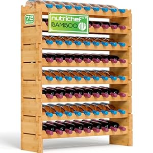NutriChef Bamboo Stackable Wine Rack, 8-Tier 72 Bottle Capacity Wine Racks Free Standing Floor, No Tools Assembly, Modular Storage Display Shelf for Kitchen and Cellar 33.5″ x 10″ x 42″