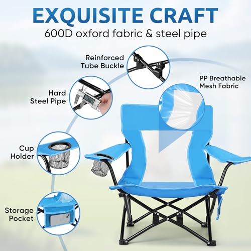 Image of HaSteeL Folding Beach Chair Set of 2, Foldable Blue Camping Chairs for Outside, Low Beach Chair Portable for Adults Fishing, Picnic, Outdoor BBQ, Travel, Sports, Cup Holder & Storage Bag