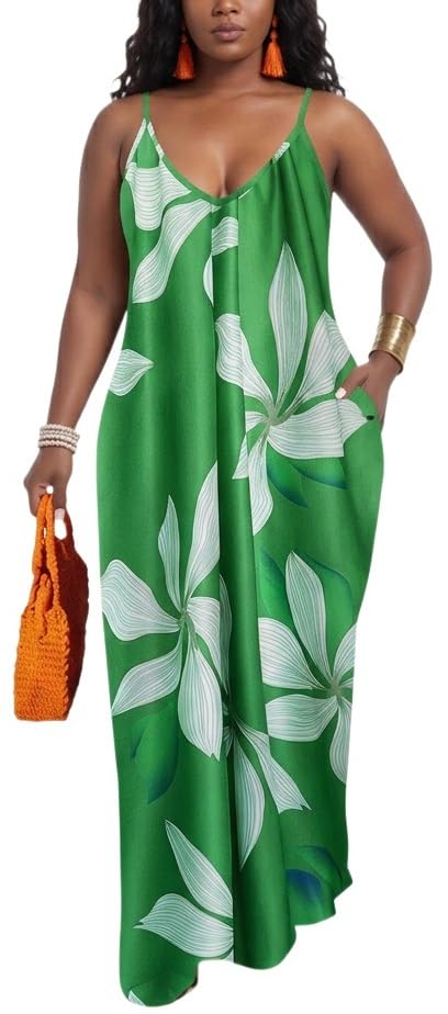 Image of Women's Summer Bohemian Green Floral Maxi Dress Music Festivals with Adjustable Spaghetti Straps Side Pockets -7 Small