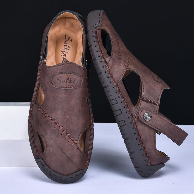 Men's Leather Fisherman Sandals, Closed Toe, Hollow Athletic Sandals Slip-on Roman Casual Summer Beach Slipper Shoes2
