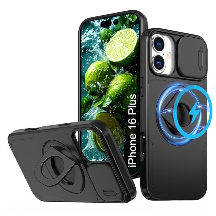 Image of LuxuryKase MagSafe Shockproof Rugged Back Case for iPhone 16 Plus | Finger Ring Kickstand & Sliding Camera Cover | Military Drop Protection | Wireless Charging Support - Black