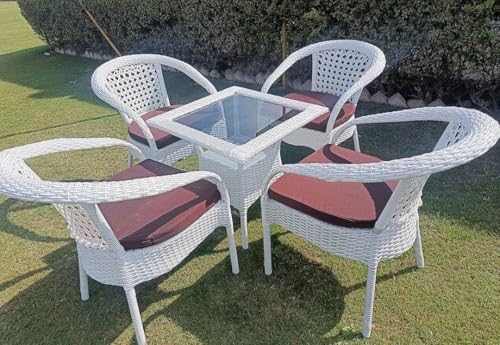 Image of PRATHAM India Patio 4+1 Furniture Set Bistro Set Porch Backyard Garden Outdoor Furniture Rattan Chairs and Table Wicker Conversation Set (White with Black Lines, Brown Cushion 4+1 Square Table)