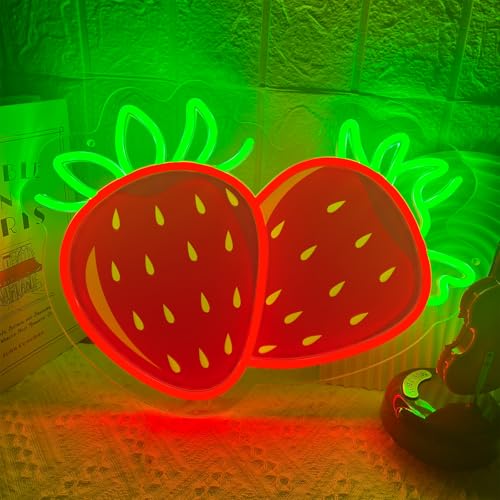 Image of Strawberry Neon Sign for Wall Decor, Dimmable Printing Strawberries Fruits Neon Lights, Vibrant Fruit Themed Neons LED Signs for Kids Room, Bedroom, Restaurant, Bar, Club, Fruit Shop, Birthday Party