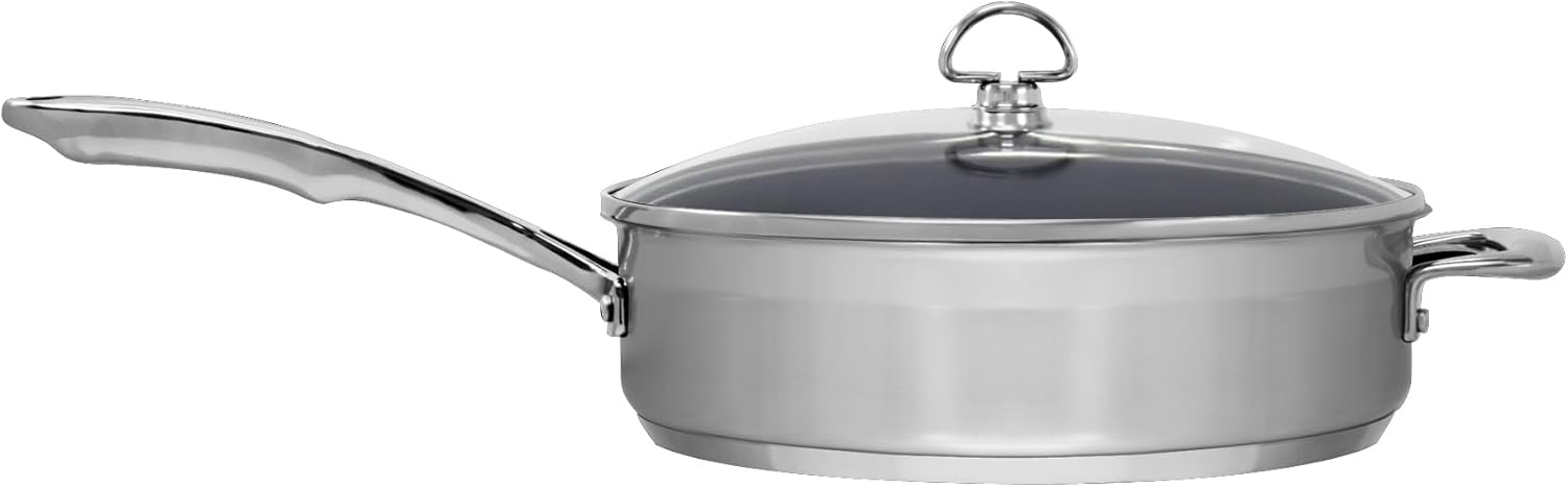 Chantal Induction 21 Steel 5 quart NonStick Saute Pan with Tempered Glass Lid, Ceramic Non Stick, Brushed Stainless Steel