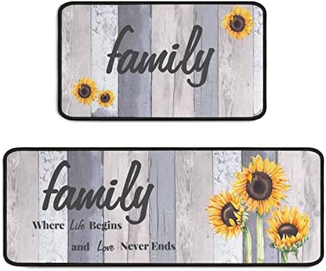 Sunflower Family Kitchen Rugs Set 2 Pieces Non Slip Absorbent Microfiber Kitchen Floor Rug and Mat Anti-Fatigue Kitchen Runner Rug for Farmhouse Bedroom Doormat 17"x48"+17"x24"