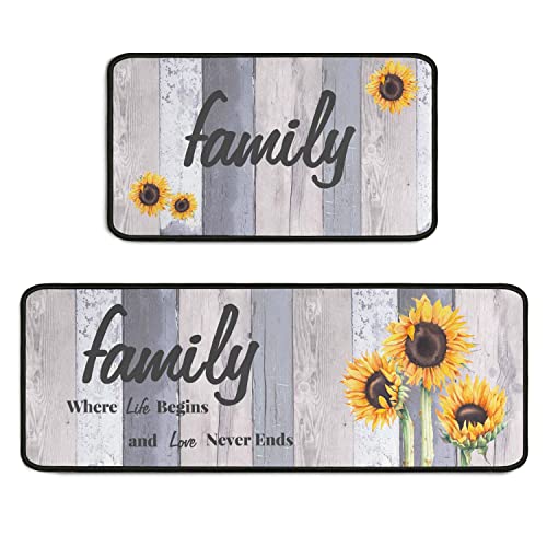 Sunflower Family Kitchen Rugs Set 2 Pieces Non Slip Absorbent Microfiber Kitchen Floor Rug And Mat Anti-Fatigue Kitchen Runner Rug For Farmhouse Bedroom Doormat 17"X48"+17"X24" #TOP3