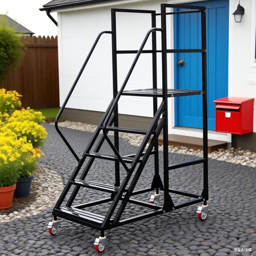 Image of 5 Step Rolling Ladder - Mobile Rolling Stairs with Wheels, Heavy Duty Industrial Safety Non-Slip Metal Rolling Ladders, 1100lbs Capacity, for Warehouse, Garage, Supermarket