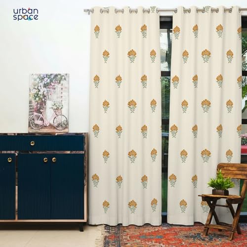Image of Urban Space 100% Cotton Floral Curtains 5 Feet Long Set Of 2, 60-65% Room Darkening Curtains, Decorative Curtain With Eyelets /Rings For Hanging, Tieback Included (Marigold Yellow, 5 Feet)