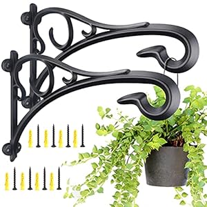 KABB Plant Hanging Bracket Hand Forged Heavy Duty Black Iron Art Plant Hanging Hooks Durable Rust Resistant Wall Brackets for Planter Bird Feeder Lanterns Wind Chimes with Screws 2 Pack