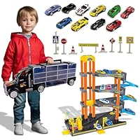 Xwin Sportseries 4-Storey Parking Garage Playset with Truck Carrier, Includes 10 Cars, Spiral Ramps, Lift, Service Station for Kids Ages 3 and Up