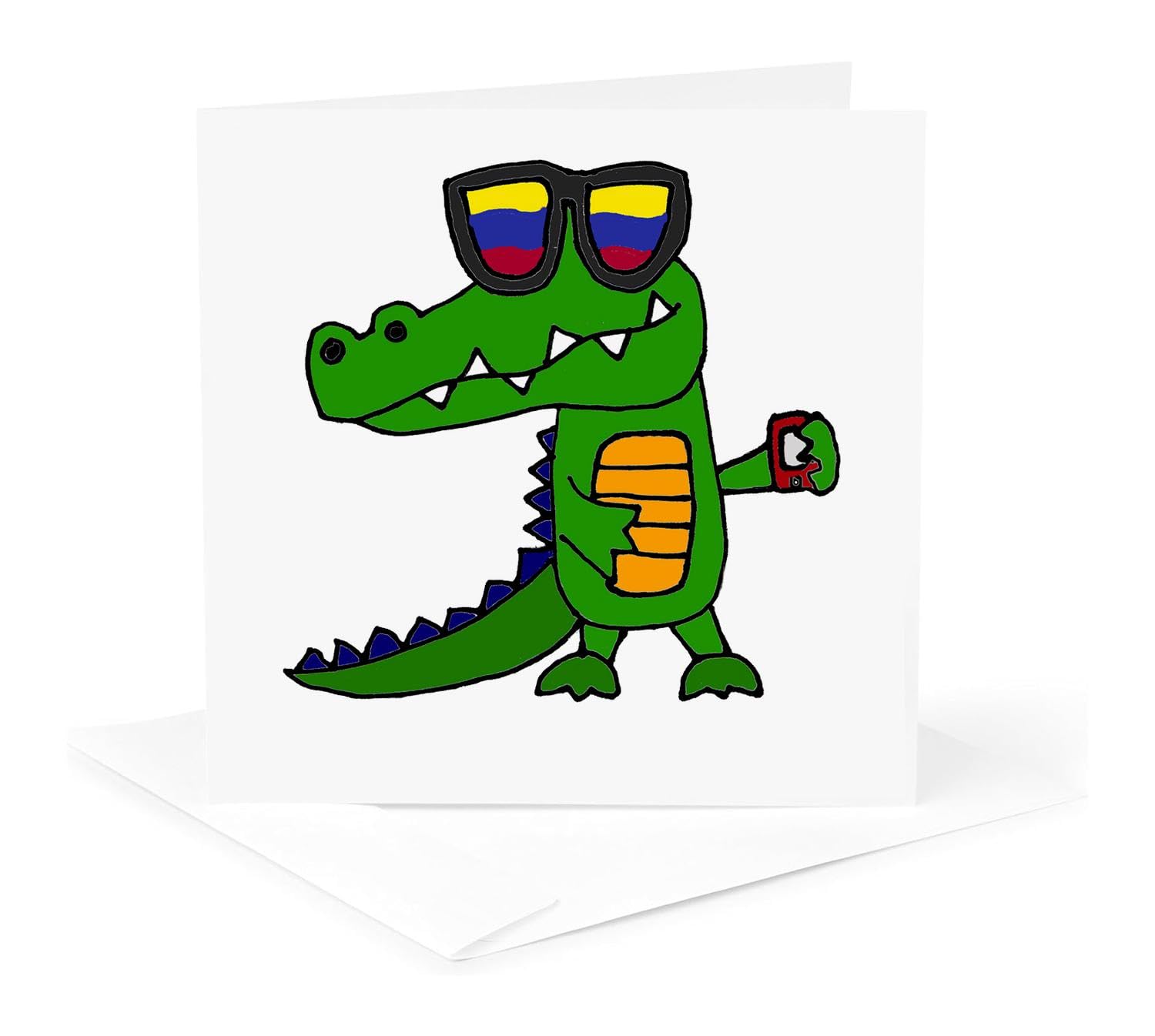 3dRose Grußkarte 'Lustiger Alligator Mit Sonnenbrille & Handy' – 15,2 X 15,2 Cm, Mit Umschlag
