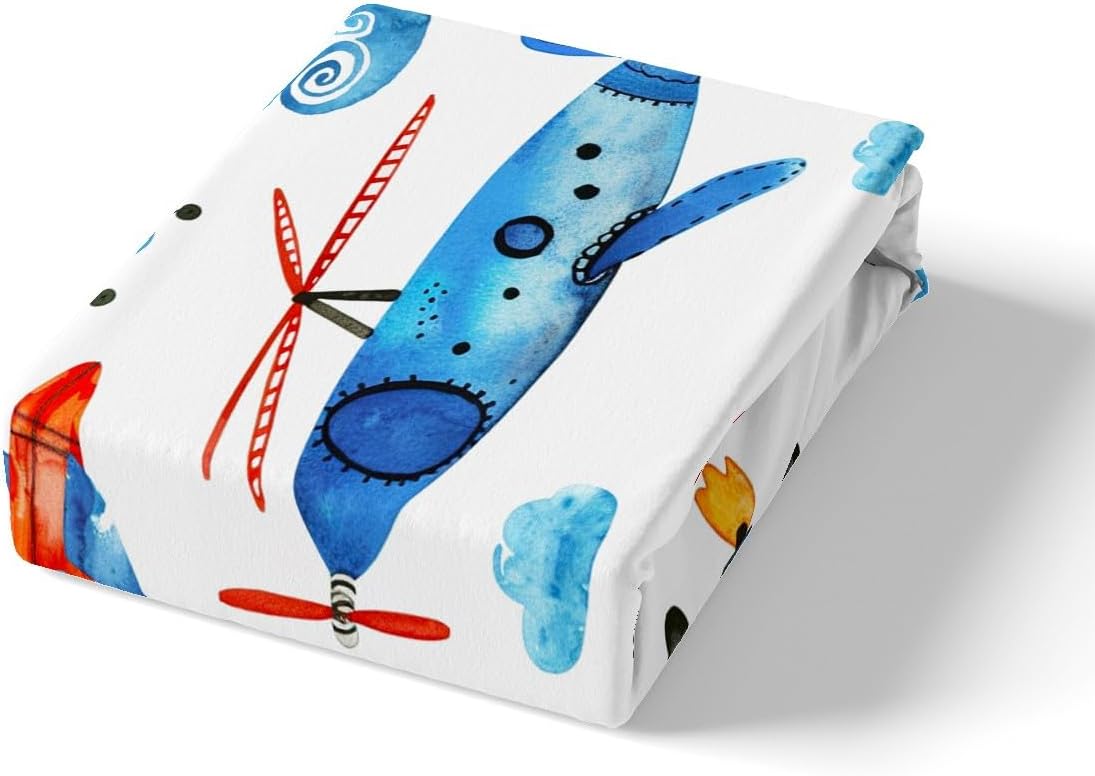 Feelyou Aircraft Bed Sheet Set for Children Kids Colorful Cartoon Airplane Bedding Set Nursery Helicopter Flying Plane Fitted Sheet Toddler Room Decor Travel Bed Cover Queen Size 4Pcs