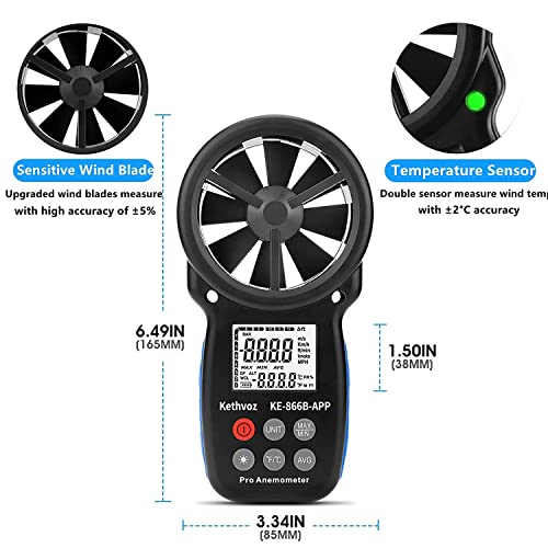 Image of Bluetooth Digital Anemometer, Kethvoz Handheld Wind Speed Meter with Data Logger Measure Air Flow Velocity 0.3~30m /s for Drone Hunting Shooting HVAC Dust Collector