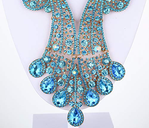 Janefashions Peacock Feather Teal Austrian Rhinestone Crystal Statement Necklace Earring Earrings Set Choker Show Beauty Queen N820T #TOP7