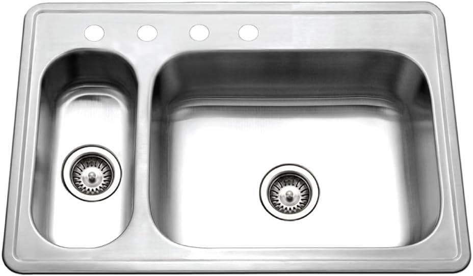 Houzer Legend 33 inch Stainless Steel Topmount 4-hole 80/20 Double Small Left Bowl Kitchen Sink with Strainer - LHD-3322-1