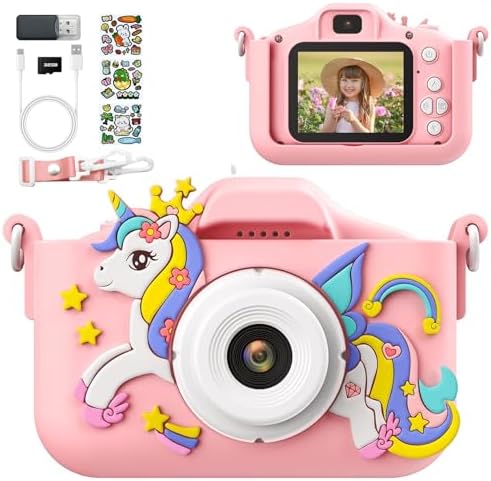 Pink Unicorn Kids Camera, Digital Camera for Toddler Boys Girls Children Selfie Camera Toy with 2 Inch Screen, 32GB Card for Age 3-12 Birthday (A Pink Unicorn)