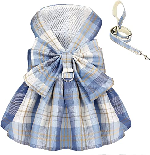 Image of KUTKUT Polyester Plaid Dog Dress Bow Tie Harness Leash Set Harness Dress For Small Dogs Cute Dog Pet Girl Puppy Summer Clothes For Female Dogs (Size: Xl,Adjustable Bust: 50Cm,1 Count)