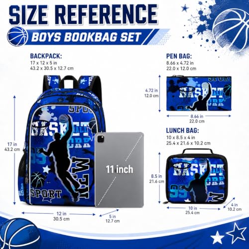Image of AGSDON 3PCS Boys Backpack, 17 inch Basketball Kids Bookbag with Lunch Box, Backpacks with Water Resistant and Lightweight for Teenagers