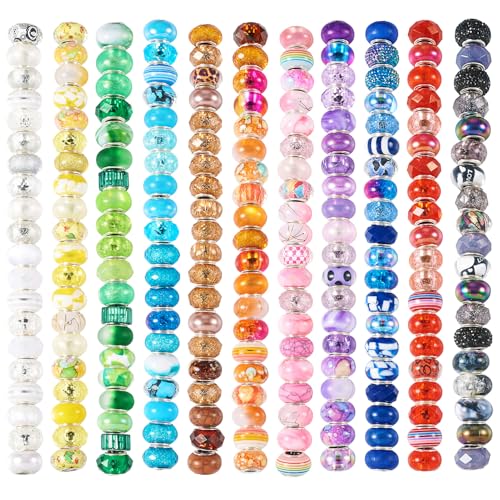 Beadthovne 220Pcs Assorted European Large Hole Beads for Bracelets, Mix Fairy Wands Beads Rondelle Resin Rhinestone Charm Craft Beads Bulk for Jewelry Making DIY Pens Charms Bracelet Necklace