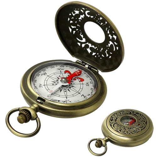 Antique Brass Compass - Waterproof Survival Compass for Hiking & Camping Vintage Military Gift with Keychain (Kids & Outdoor)