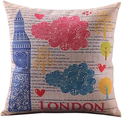 Ancase Cotton Linen Square Decorative Throw Pillow Case Cushion Cover Retro Big Ben Flower Slogan 18"