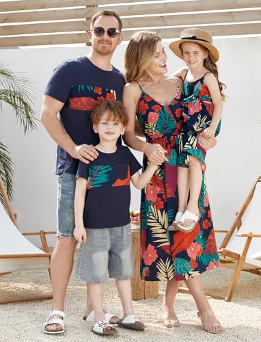 Image of PATPAT Family Matching Outfits Mommy and Me Dresses Hawaiian Tropical Vacation Beach Spaghetti Strap Dress and Shirt