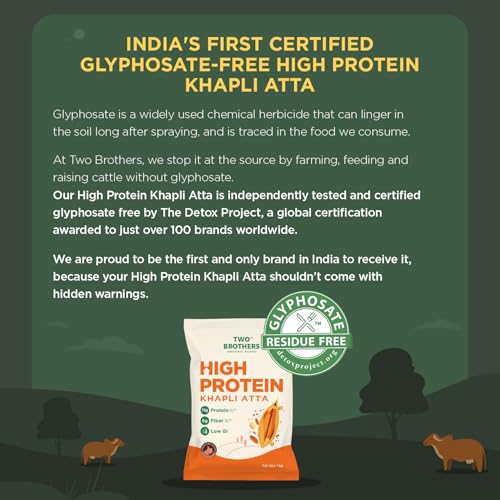 Image of Two Brothers Organic Farms - Khapli Protein Atta (1kg) | Certified Glyphosate-Free | 11g Protein & 6g Fiber Per 2 Rotis | Low GI Emmer Wheat | 2X Protein vs Regular Atta | No Additives | Slow-Milled