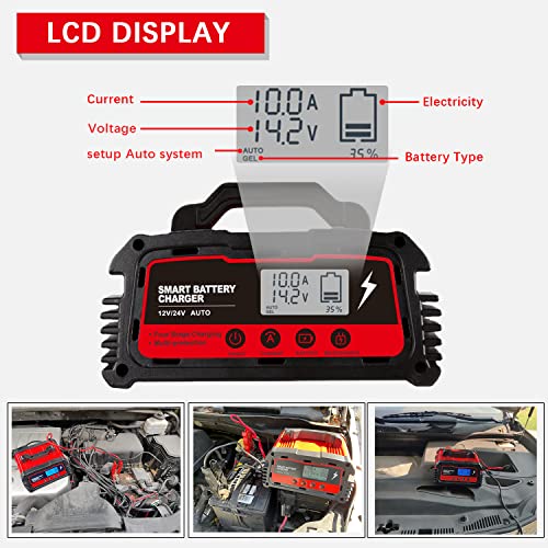 Treeligo Car Battery Charger 12 V /24 V, 25/10/5 Amp Fully Automatic Smart Lead-Acid Battery Charger, Agm Gel Circulation Trickle Maintainer Desulfator Advanced Diagnostic Testing Pulse Repair #TOP6
