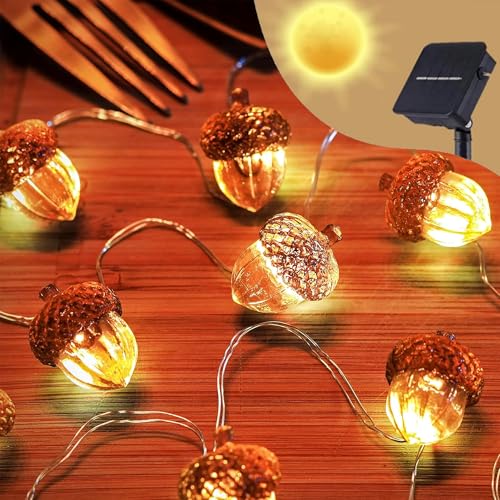 enlaceray Solar Fall Acorn String Lights for Outside Outdoor Garden Decor Acorn Garland Lights Waterproof Yard Thanksgiving Decoration Christmas Fairy Lights 40LED 14ft Fence Decor