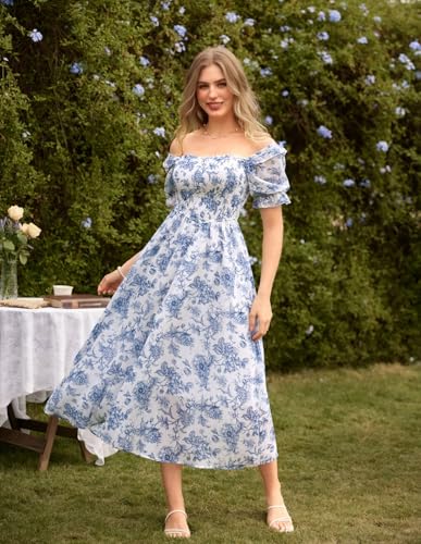 Image of Scarlet Darkness Floral Dress for Women Summer Puff Sleeve Square Neck A Line Flowy Wedding Guest Tea Party Dresses
