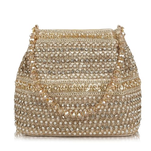 Image of Nevis Silk Fabric Premium Pearl & Crystal Embroidered Potli Bag for Women | Ethnic Bridal Clutch with Golden Handle | Party & Wedding | Potli Bag
