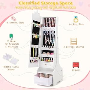 Glacer kids jewelry armoire cabinet with full length mirror standing children jewelry organizer with foldable drawer 2 adjustable tilt angles princess dress up jewelry cabinet for girls white  urban country home decor