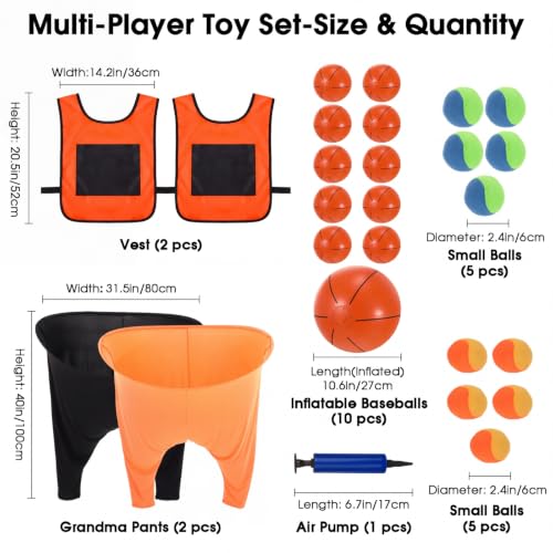 2-in-1 Granny Pants Yard Game Set, Oversized Pants & Sticky Vests Combo with 20 Balls & Pump, Outdoor Tossing Game for Adults Family Party Backyard Lawn Fun(M,Basketball,Orange and Black) - image 3