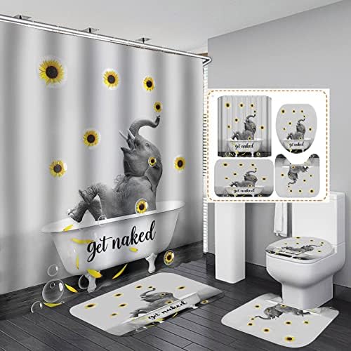 Fashion&Man OLEBETY 4PCS/Set Naughty Elephant Shower Curtain,Funny Quote African Safari Animals Bathroom Decor, Waterproof Fabric Black and White Curtain Bath Rugs Toilet Mat, Sunflower & Bubble