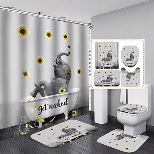 Fashion&Man Olebety 4Pcs/Set Naughty Elephant Shower Curtain,Funny Quote African Safari Animals Bathroom Decor, Waterproof Fabric Black And White Curtain Bath Rugs Toilet Mat, Sunflower & Bubble #TOP29