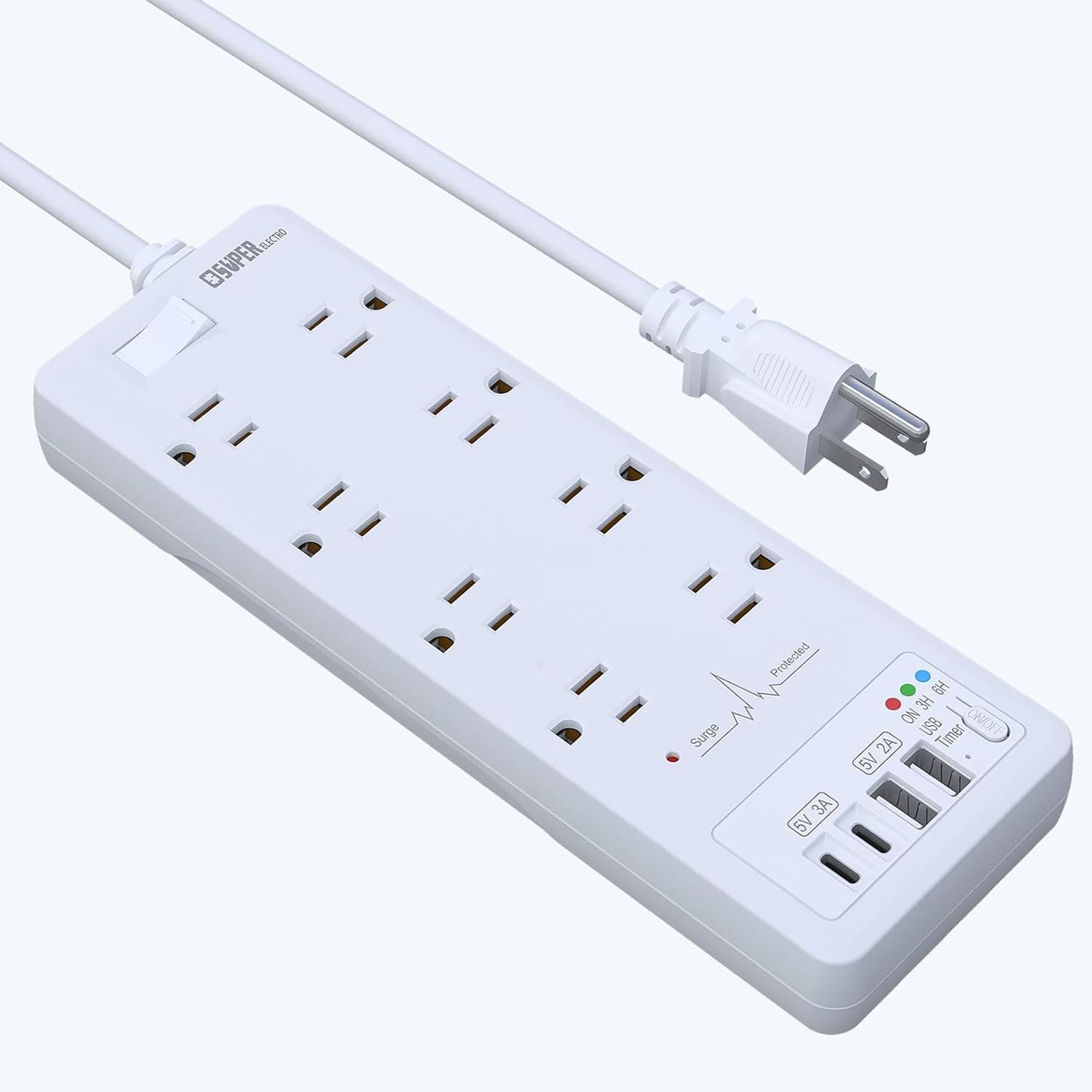 Surge Protector Power Strip, Extension Cord with USB Timer 8 Outlets(1875W/15A) and 2 USB A+2USB C Ports, ETL Listed, Wall Mountable, 1200J Surge Protector for Home, Office