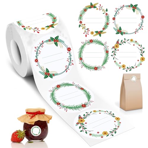 AiQInu Etiquetas Adhesivas Redonda, 500PCS 5CM Etiquetas Autoadhesivas Rollo con 4 Patrones Diferentes, Escriturable Pegatinas Decorativas para Mermelada, Sobre, Hecha Mano, Bolsa de Regalo