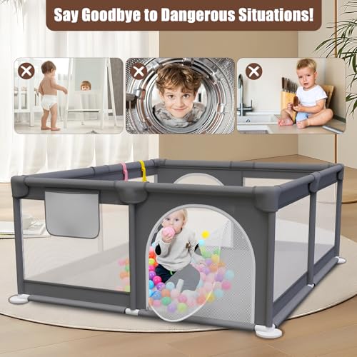 Laufstall Baby 120x120cm, Laufgitter Baby mit 2 Zugringen, Kinder Laufgitter mit Atmungsaktivem Netz und Reißverschluss für Kleinkinder, Dunkelgrau