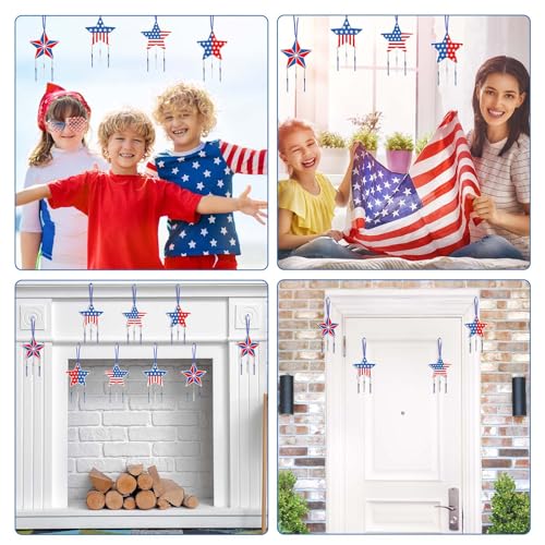 Fennoral 12 Pack Star Wind Chime Kit for Kids Make You Own Patriotic Star Wind Chimes DIY Colorful 4th of July Craft for USA Independence Day Ornaments 4th of July Art Activity