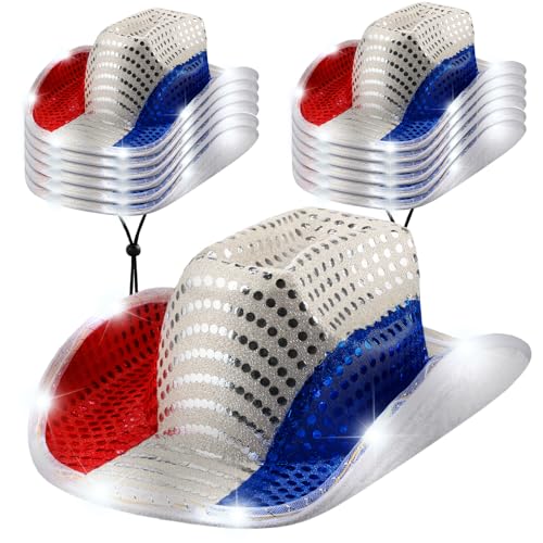Image of Wesiti Light Up Red White and Blue Patriotic Cowboy Hats, LED American Sequin Cowgirl Hat, 4th Of July Sparkly Cowboy Hats for Women and Men Western Independence Day Party Supplies(12 Pcs)
