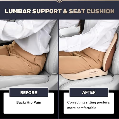 Image of Coverado Seat Cushion and Lumbar Support Pillow for Car Office Chair, Ergonomic Memory Foam Desk Chair Cushion Back Support Pillow, Sciatica & Back & Tailbone Pain Relief Cushion-Beige