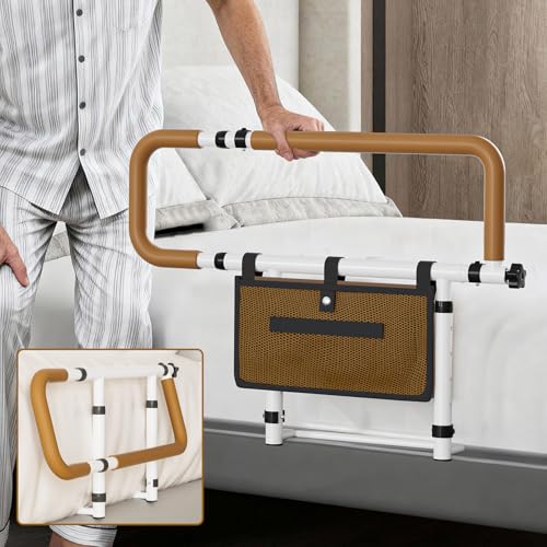 CAPRYSE Aide à la Levée du Lit pour Âgés - Barre d'Appui Réglable en Hauteur & Largeur, Poignées Antidérapantes & Poches - Barrière de lit Pliable pour Handicapés & Femmes Enceintes