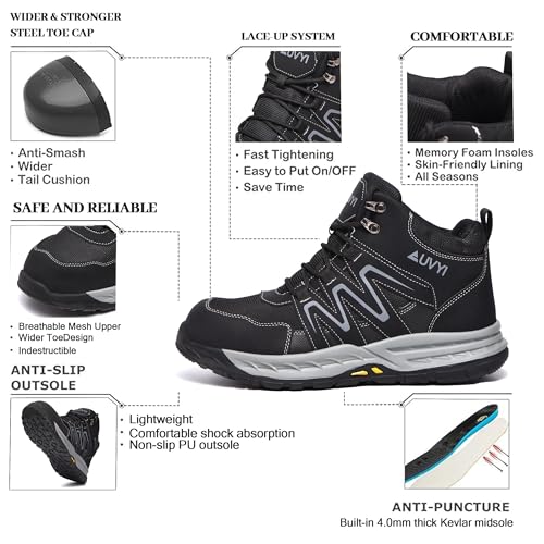 Image of AUVYI Steel Toe Work Boots for Men - Wide Toe Lightweight Breathable Safety Shoes, Slip-Resistant Industrial & Construction Work Footwear