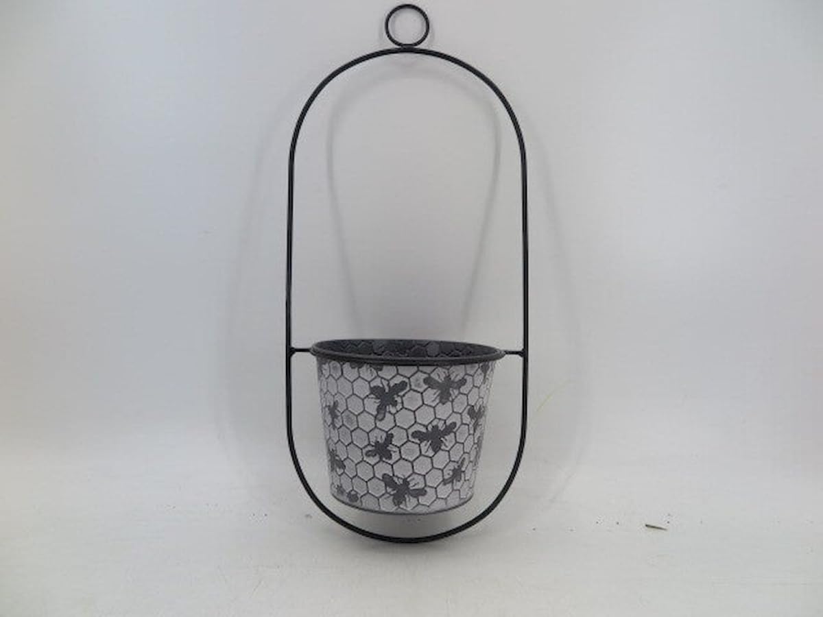 212 Main White Washed Honeycomb Print with Black Bees Wall Planter