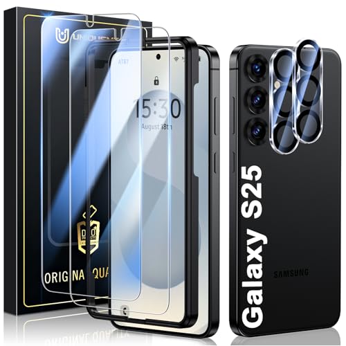 UniqueMe for Samsung Galaxy S25 Screen Protector -2+2 Pack Tempered Glass Film and Camera Lens ProtectorSupport Fingerprint Anti Scratch HD Clear Protective Film with Lens Cover + Install Tool