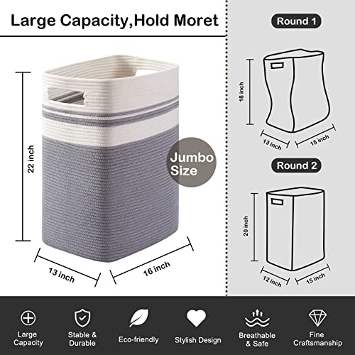 Oiahomy Laundry Basket, Rectangle Laundry Hamper,Tall Cotton Storage Basket With Handles,Collapsible Large Basket For Clothes,Decorative Blanket Basket For Living Room-16.5X12.6X21.6In-Gray #TOP2